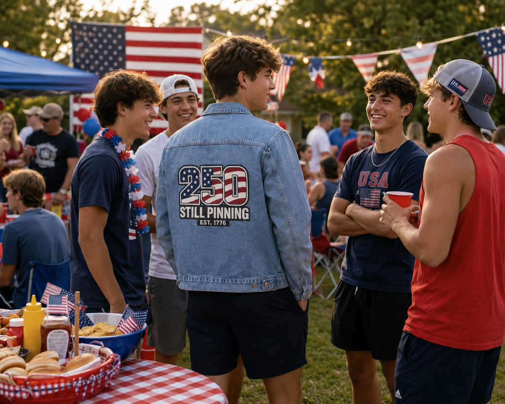 Denim Jacket — “250 Still Pinning” - Patriotic 4th of July Outerwear